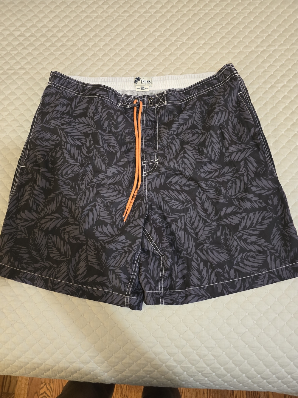 XXL- "Trunk" Dark Blue Leaf-Print Swim Shorts with Orange Drawstring